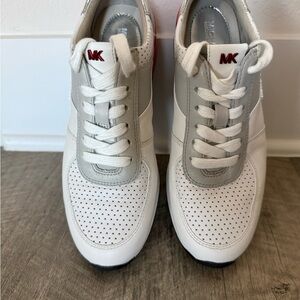 MICHAEL KORS White and Gray Sneakers with Red Logo, Size 6